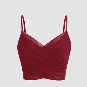 Red Mesh V-neck Ruched Crop Top from Cider